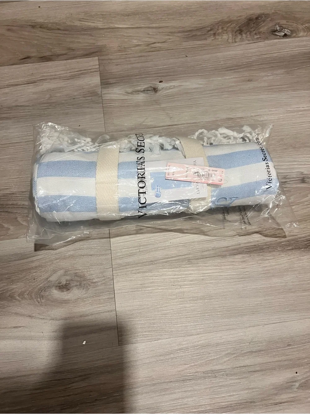 Victoria's Secret Light Blue & White Striped Beach Towel with Fringe